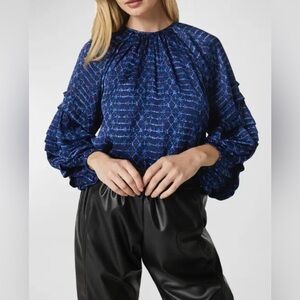 MISA Los Angeles Blue Victoire Shibori Dyed Puff Sleeve Top Blouse Size S Luxury